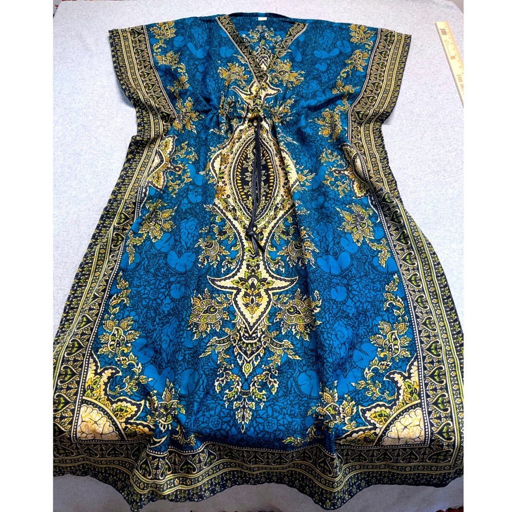 Womens Boho Kaftan Tunic Cover Up Blue Paisley Viscose Drawstring Medium Vacay‎